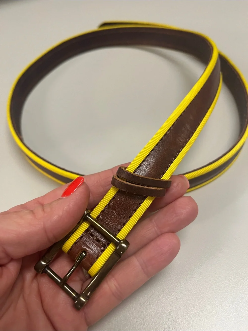 Linea Pelle Brown Leather & Yellow Nylon Belt Size Small